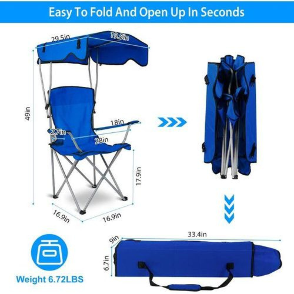 Chaise Pliante avec Parasol UPF 50+ | Confort Haut Dossier + Porte-Gobelet | 3 Coloris (Vert, Bleu, Rouge)