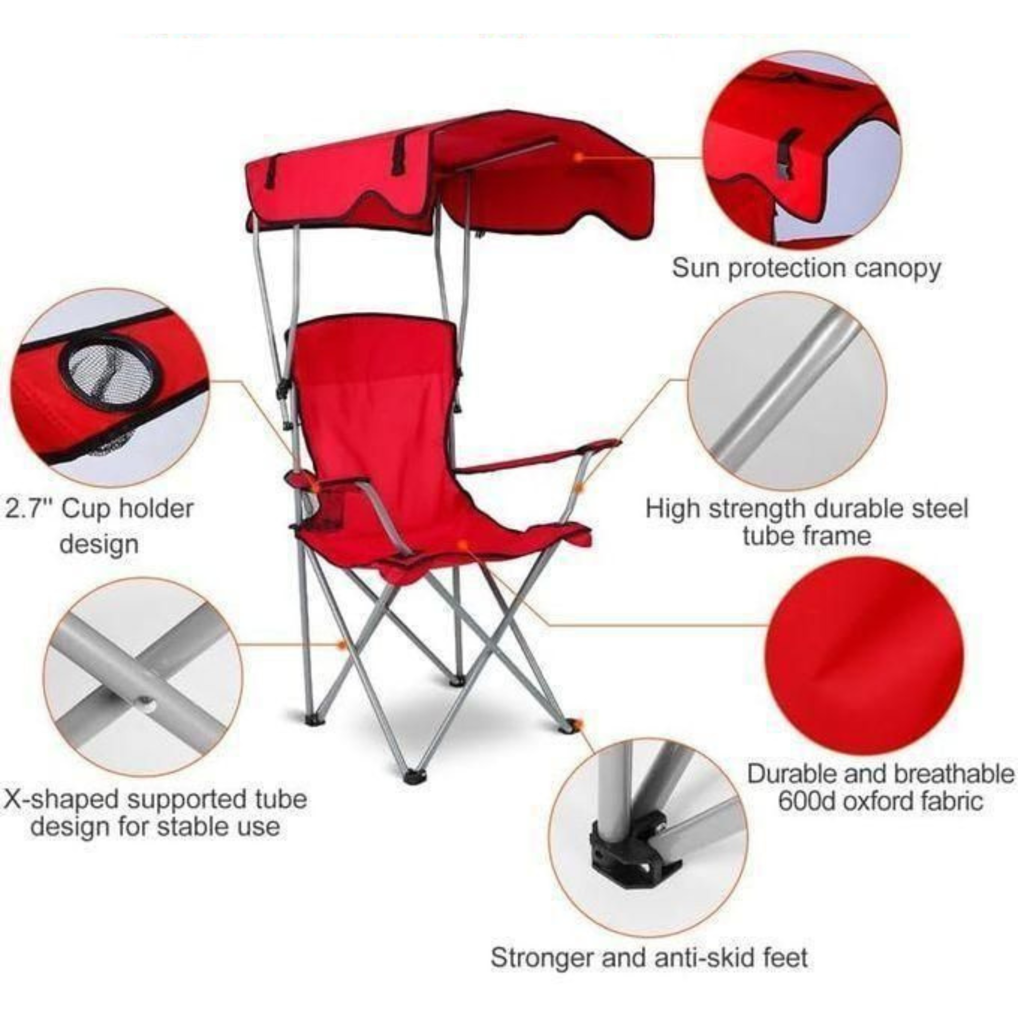 Chaise Pliante avec Parasol UPF 50+ | Confort Haut Dossier + Porte-Gobelet | 3 Coloris (Vert, Bleu, Rouge)