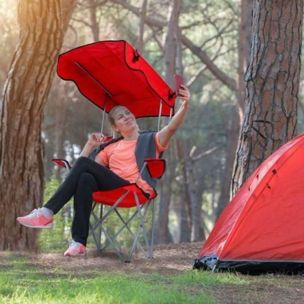 Chaise Pliante avec Parasol UPF 50+ | Confort Haut Dossier + Porte-Gobelet | 3 Coloris (Vert, Bleu, Rouge)