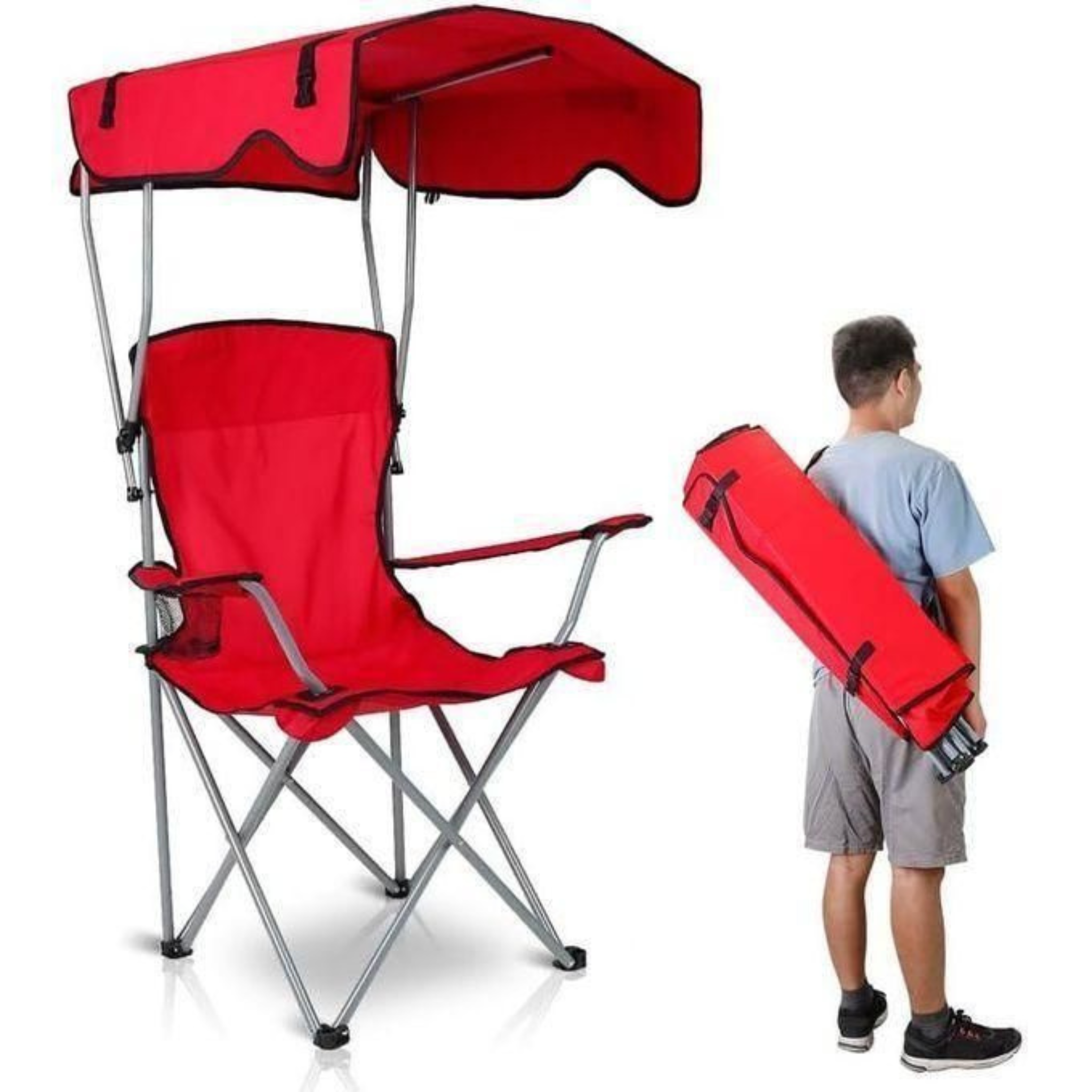 Chaise Pliante avec Parasol UPF 50+ | Confort Haut Dossier + Porte-Gobelet | 3 Coloris (Vert, Bleu, Rouge)