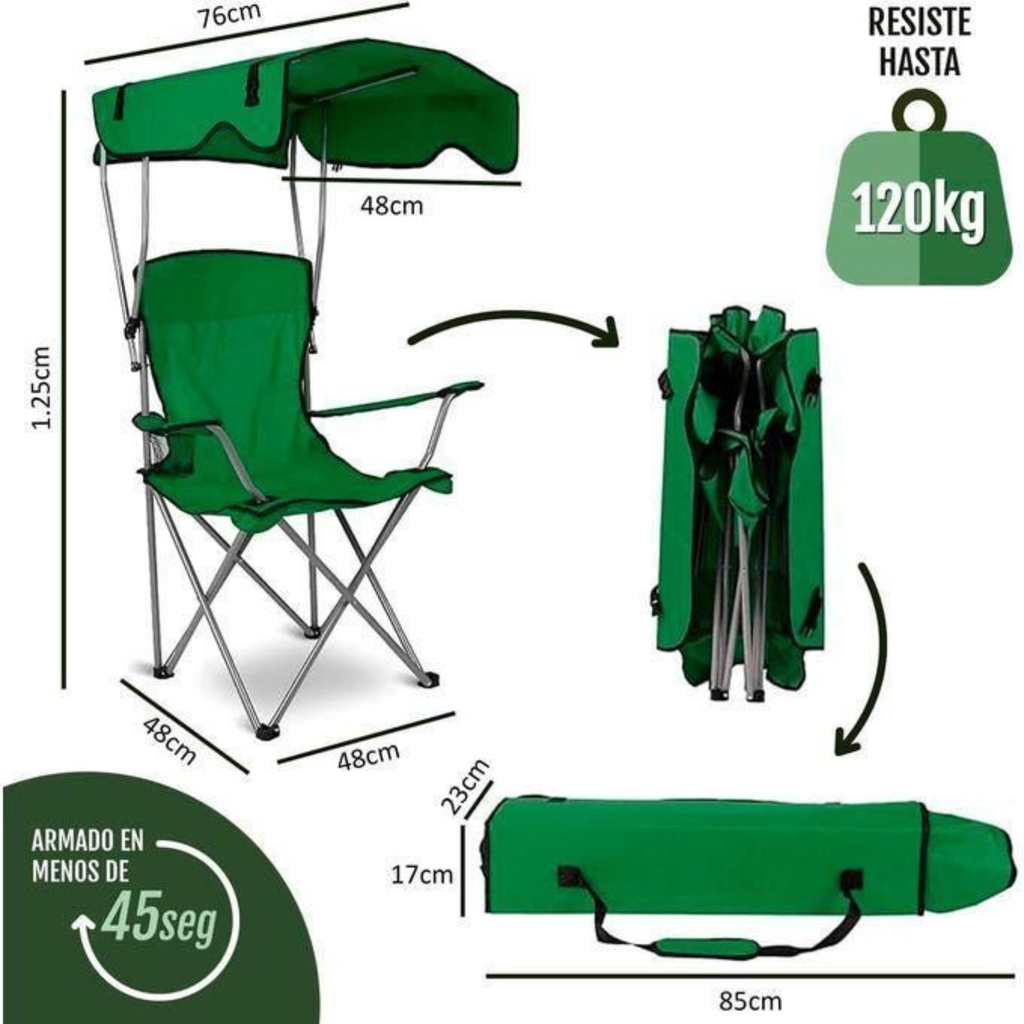 Chaise Pliante avec Parasol UPF 50+ | Confort Haut Dossier + Porte-Gobelet | 3 Coloris (Vert, Bleu, Rouge)