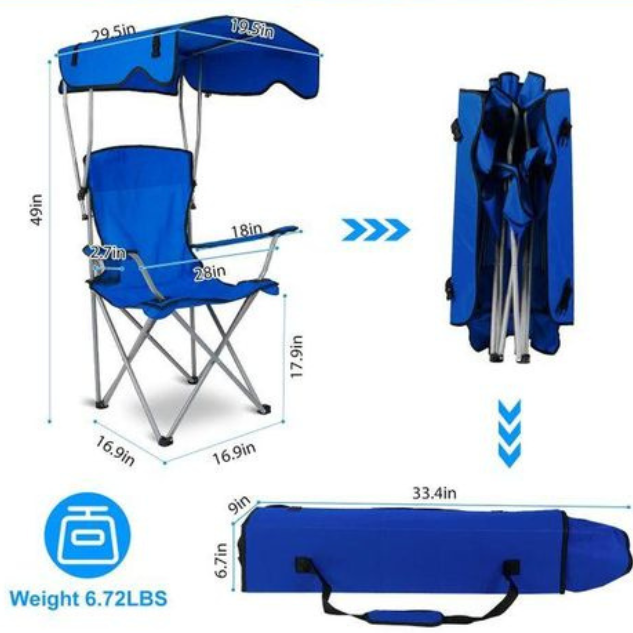 Chaise Pliante avec Parasol UPF 50+ | Confort Haut Dossier + Porte-Gobelet | 3 Coloris (Vert, Bleu, Rouge)