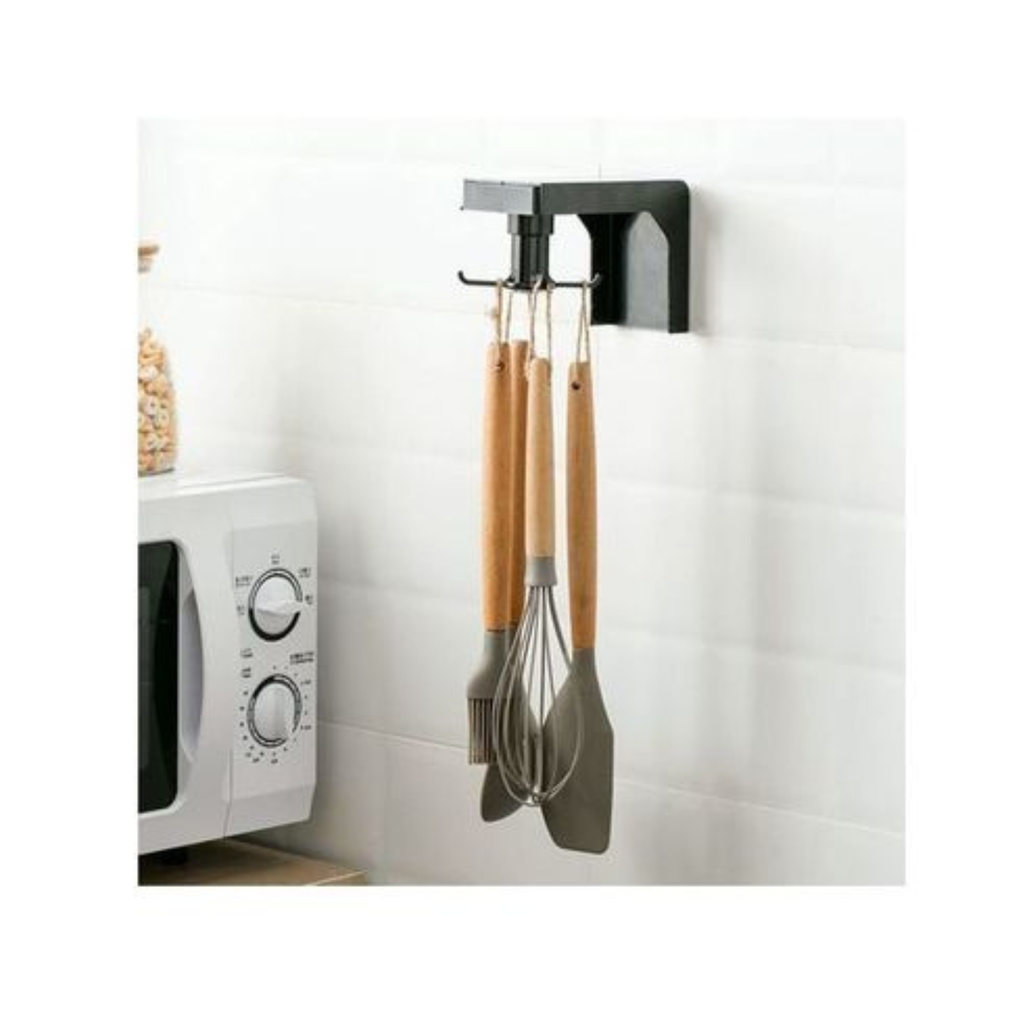 Crochet Rotatif Rétractable 6 Crochets – Organiser sans percer – Support Multifonction pour Cuisine, Salle de bain – Adhésif solide sans traces – Gain de place – 360° – Noir