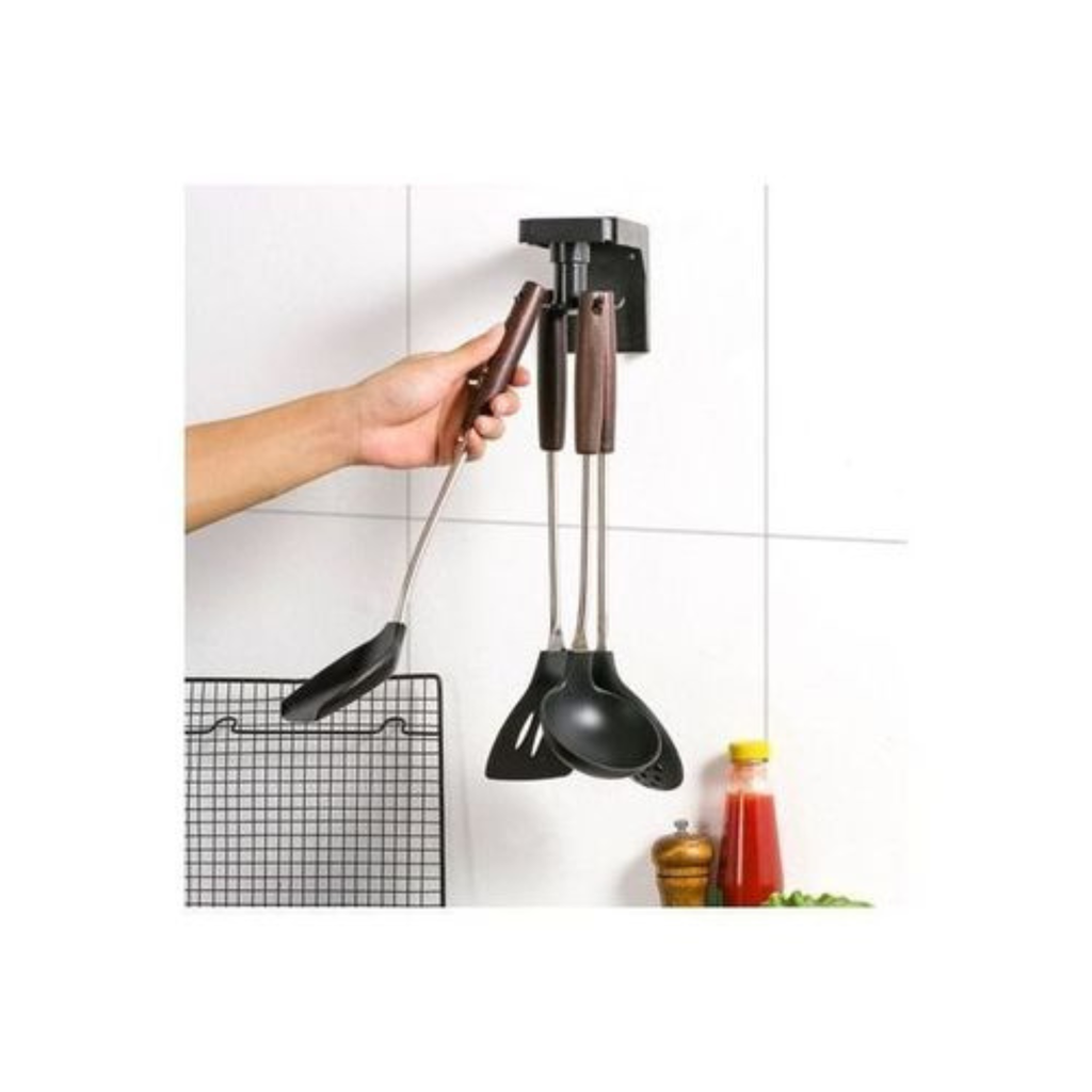 Crochet Rotatif Rétractable 6 Crochets – Organiser sans percer – Support Multifonction pour Cuisine, Salle de bain – Adhésif solide sans traces – Gain de place – 360° – Noir