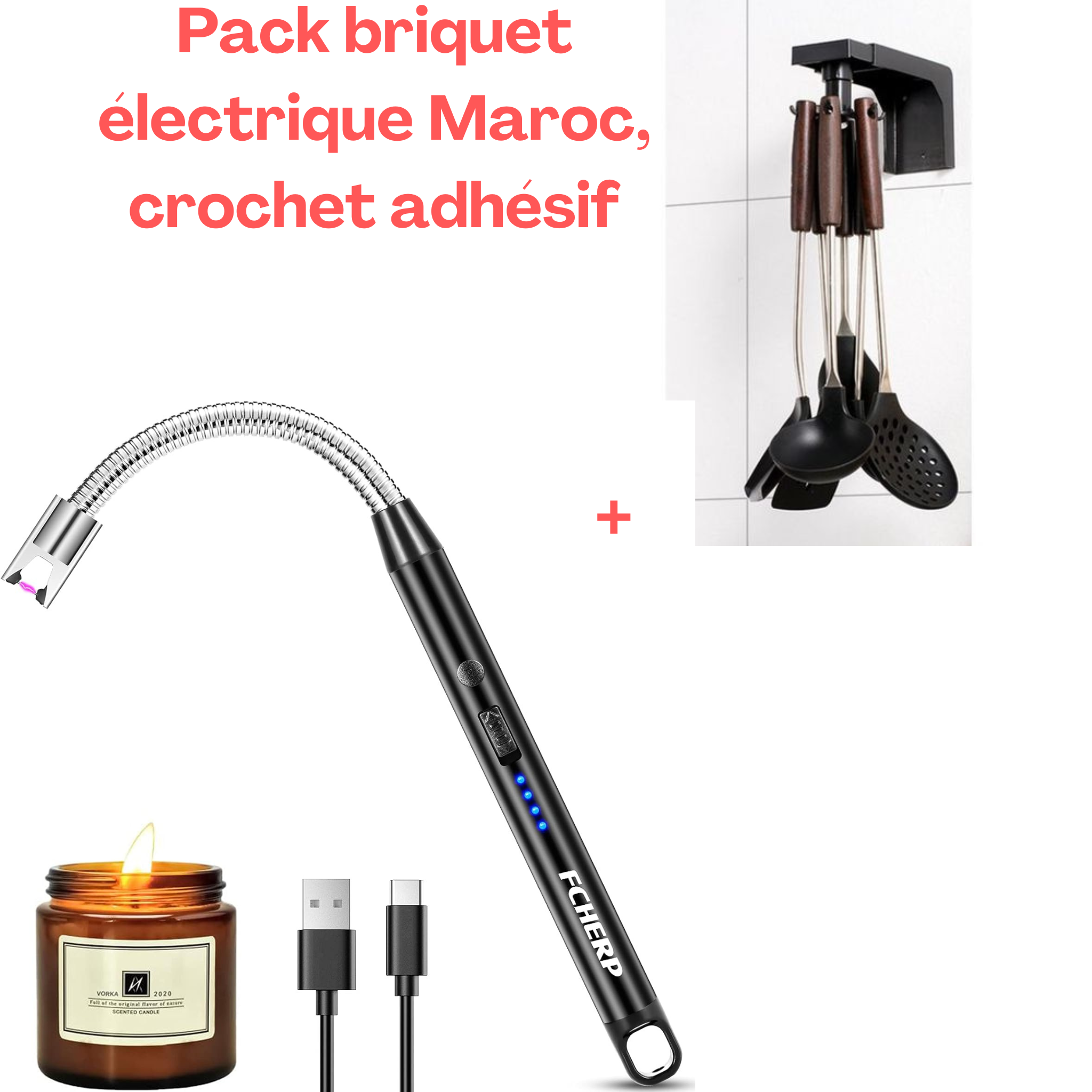 🔥📦 Pack « Allumez & rangez – Sans gaz, sans perceuse » *Briquet électrique rechargeable + Crochet rétractable 6 crochets – Domotique & rangement malin*