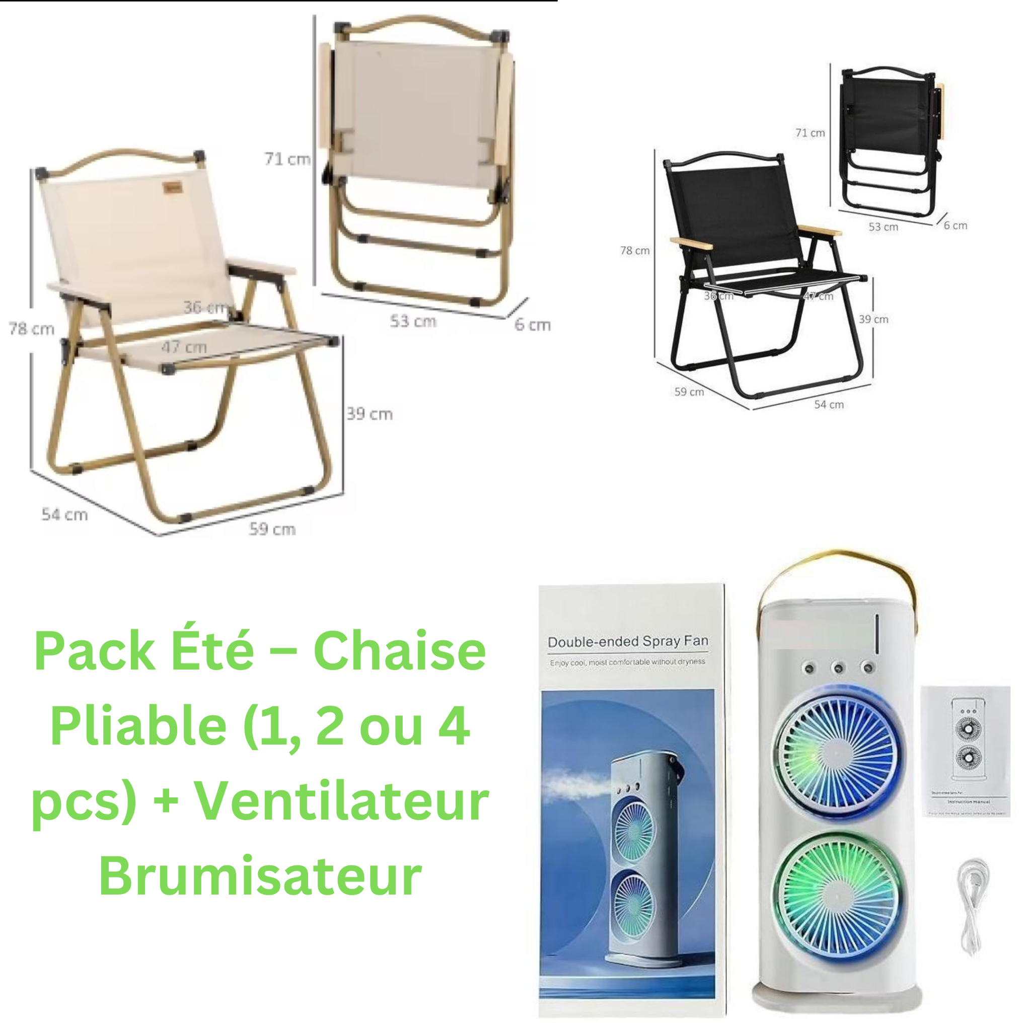 Pack Confort Outdoor – Chaise Pliable + Ventilateur Brumisateur