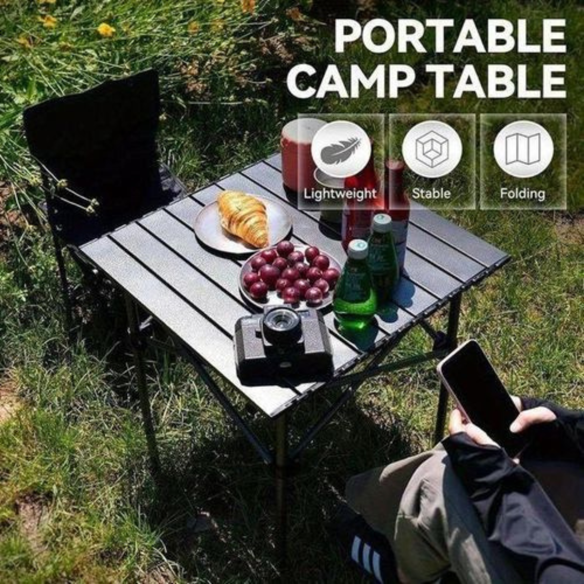Pack Camping : Table Pliante Ultra-Stable + Chaise Confort - Noir & Beige