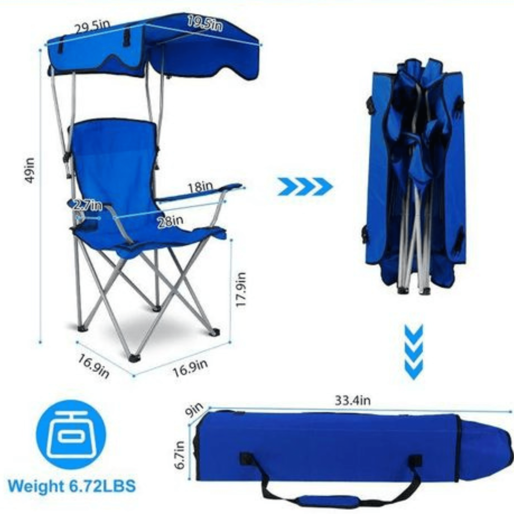 Chaise Pliante avec Parasol UPF 50+ | Confort Haut Dossier + Porte-Gobelet | 3 Coloris (Vert, Bleu, Rouge) - Cuispra