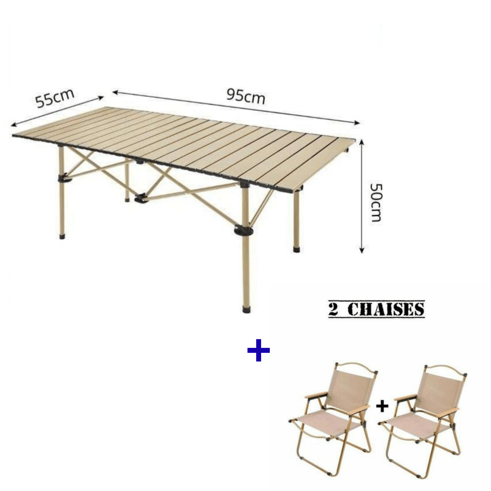 Kit Camping Pliable 95x55 - Table Aluminium Renforcée + Chaises Oxford (Pack 2 ou 4 Pers - Cuispra