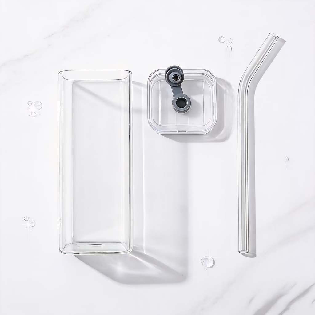 Mug Carré en Verre avec Couvercle et Paille – Élégant & Résistant - Cuispra