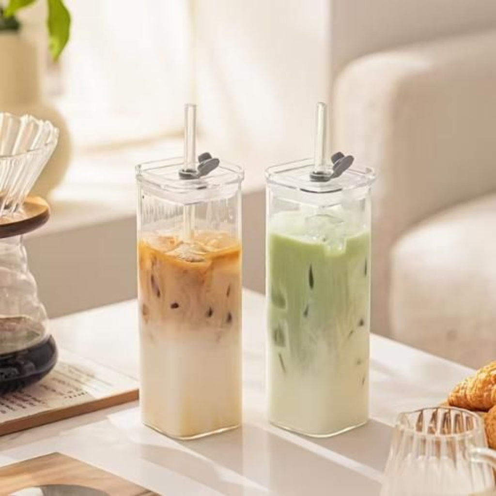 Mug Carré en Verre avec Couvercle et Paille – Élégant & Résistant - Cuispra