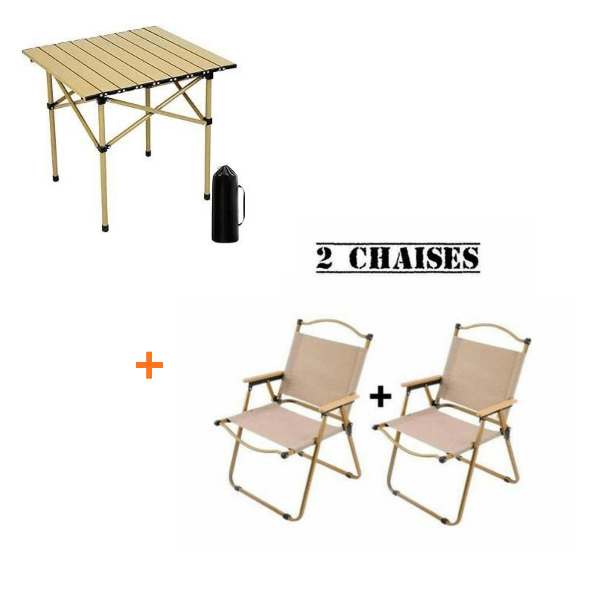 Pack Camping : Table Pliante Ultra-Stable + Chaise Confort - Noir & Beige - Cuispra