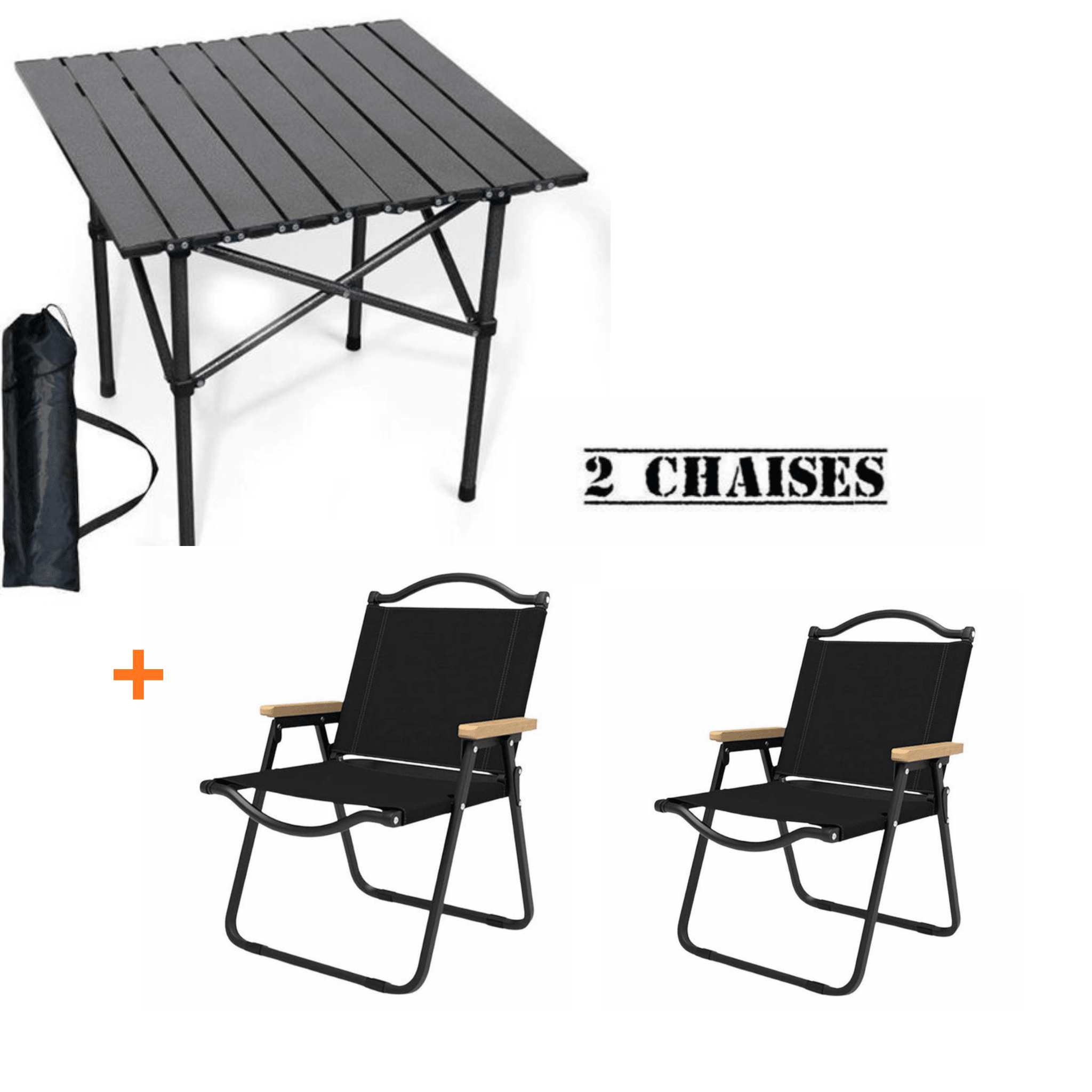 Pack Camping : Table Pliante Ultra-Stable + Chaise Confort - Noir & Beige - Cuispra